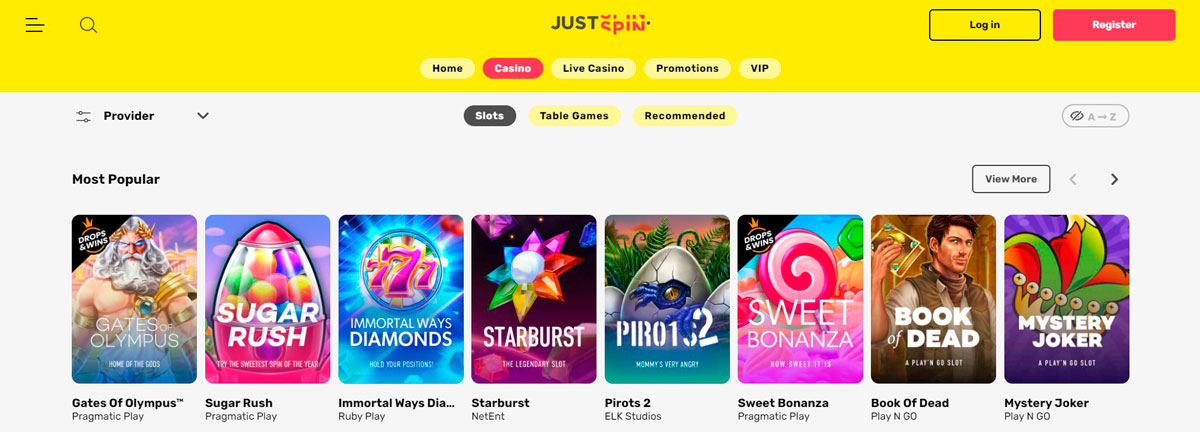 JustSpin Casino Games and Providers